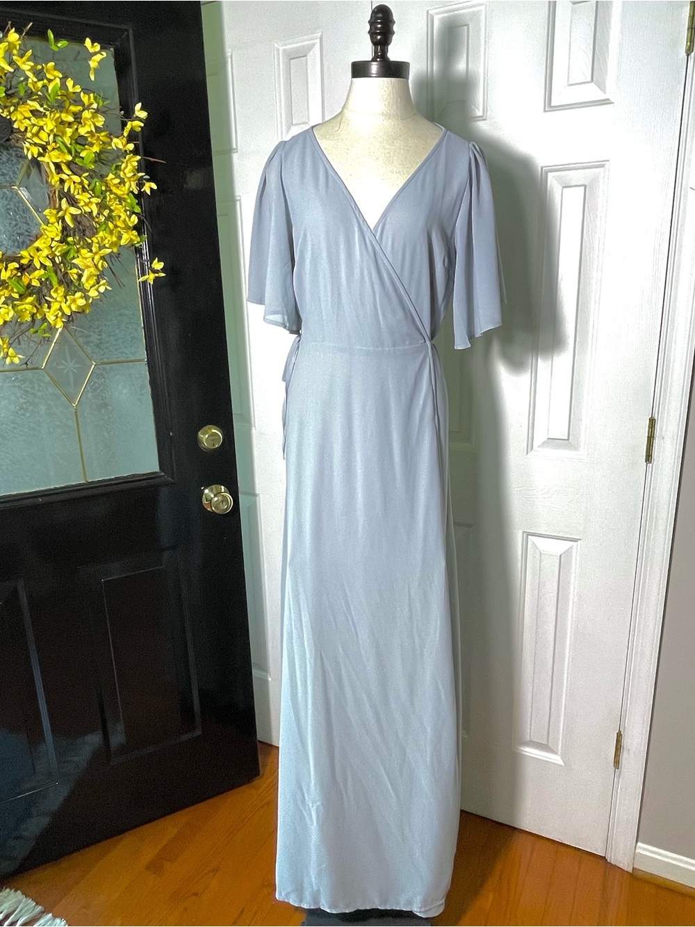 BALTIC BORN Maxi Chiffon Wrap Dress Blue Gray V-Neck Short Sleeve Size Large